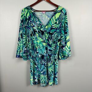 Lilly Pulitzer Medium Viviana Velour Romper Green Blue V-Neck Tropical Beach
